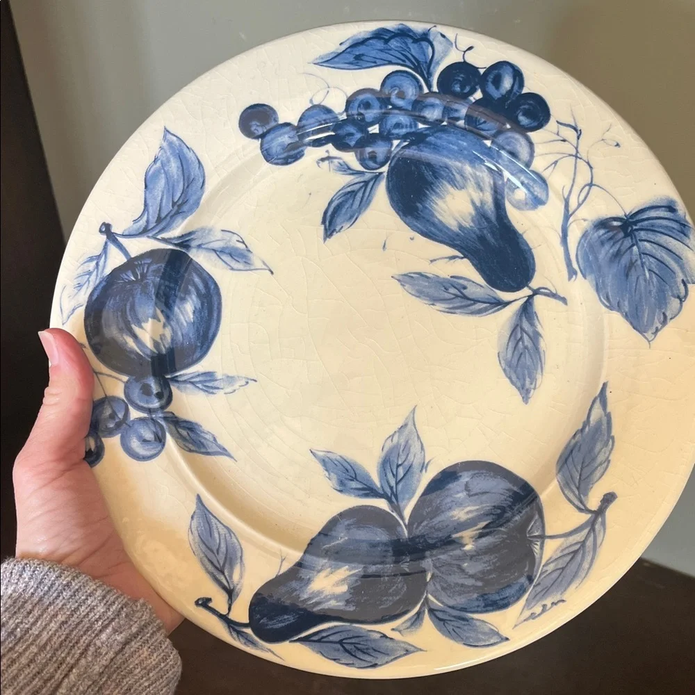 Pier 1 Earthenware Dinner Plate Blue Fruit White Background